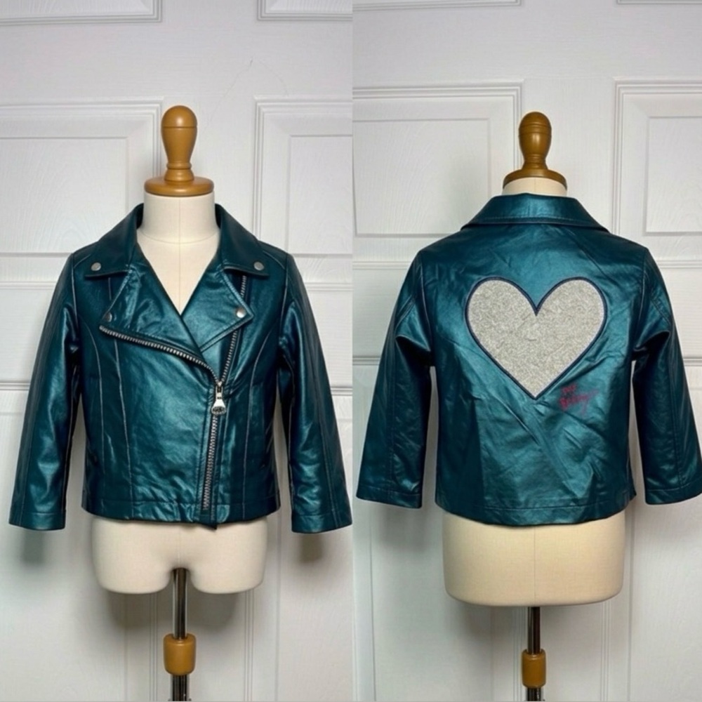 Betsey Johnson Girls Teal Metallic Faux Leather Moto Jacket - Silver Heart Sz 2T